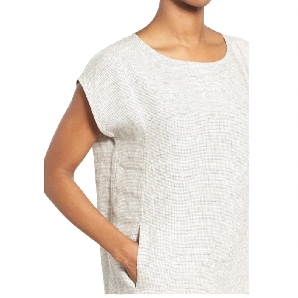 Eileen Fisher Organic Linen Slub Check Grid print Dress Checkered Tunic Dress XL - Picture 3 of 9